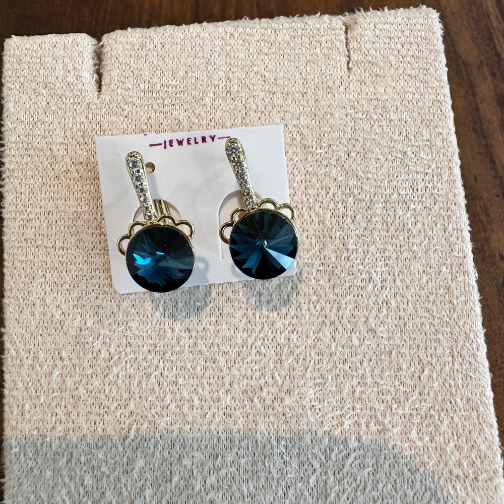 14K Gold Plated Elegant Blue Crystal & CZ Drop Earrings
